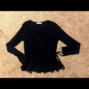 Womens Glance ribbed deep V neck wrap style top. M, black ribbed side tie